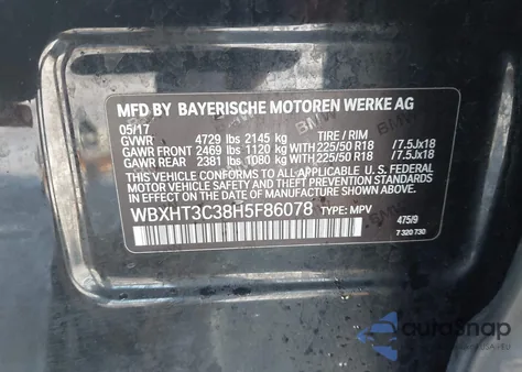 2017 BMW X1 xDrive28I из США, поврежденный, VIN WBXHT3C38H5F86078